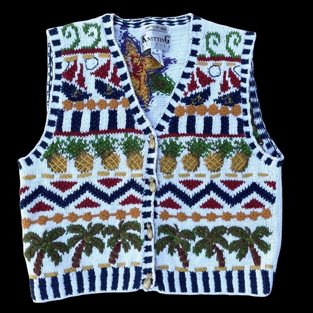 KNITTING NEEDLES Hawaii Vest Women’s Size M White Cotton Blend Hand Knit
